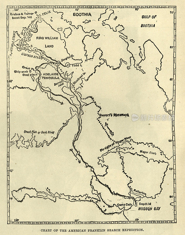 弗雷德里克・施瓦卡(Frederick Schwatka)为富兰克林探险队寻找的地图，1878年至1880年
